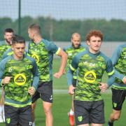 Norwich City players prepare for Watford at the Lotus Training Centre. Front row, from left, Milot Rashica, Josh Sargent and Christos Tzolis