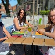 Diana Smith, Sarah Copsey and Liz Montesuelli out enjoying the sunshine in Norwich on the May bank holiday weekend. Picture: NEIL DIDSBURY