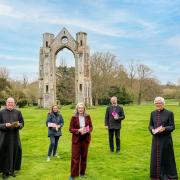 Launch of the Walsingham Way at Walsingham Abbey. Elizabeth Meath Baker, centre, with from left: Father Kevin Smith, Gail Mayhew, Revd Dr Peter Doll and Mgr Philip Moger.