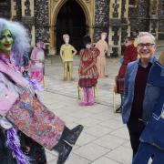 Festival director Daniel Brine, right, and Oozing Gloop from the opening show Don't Touch Duckie with cardboard cut-outs of themselves, which fill the gaps in the socially distanced audience, at the launch of the Norfolk and Norwich Festival 2021.