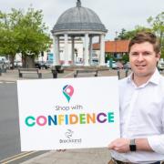 Sam Chapman-Allen, leader of Breckland Council, promoting the 'Shop With Confidence' campaign in Swaffham as lockdown restrictions are eased. Picture: Simon Finlay