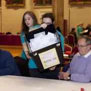 Ballot papers arrive at the counting tables at the Norwich South election count at St Andrew's Hall in Norwich. Picture: Kate Wolstenholme