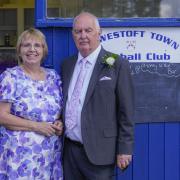 Christine and Colin Easton on their wedding day at Lowestoft Town FC.