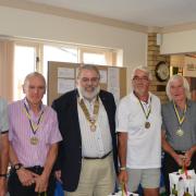 Swaffham Golf Day winners Lenwade Electrical - Keith Wright, Tony Chambers, Ron Kent and Harold Nobb, recieving their prizes from Rotary President Bill Muir and Paul LeGrice, Abel Homes MD.