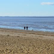 Dog walkers enjoy the wide expanse of shingle beach at Heacham