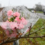 Pink carnations left at the scene of a fatal crash on the A148 near Fakenham