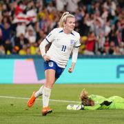 Lauren Hemp celebrates after scoring England's equaliser against Colombia