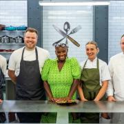 Liam Nichols (second from the left) with the other contestants and host Andi Oliver on the Great British Menu