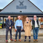 From left, county councillor Chris Dawson,  Stephen Brighton, Liz Truss and Mark Brighton at Bearts