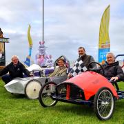 Ready for this year's Hunstanton Soapbox Derby are (from left) event organiser Roger Partridge from West Norfolk Council, two rabbits from Team Eggy,  Charles le Strange Meakin from Birkin's Boys, council cabinet member Simon Ring and Pete Drew