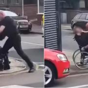 Images show the police officer tackling a man in a wheelchair