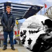 Ryan Hayward on board the Wash Monster with (inset) the DUKW he will be driving on the anniversary of D-Day, and troops swarming ashore on June 6, 1944