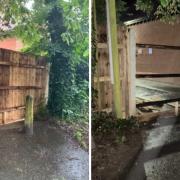 The fence in Harleston before and after it was destroyed