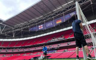 The Wembley goals being installed ahead of the historic victory for England's women’s team at Euro 2022, which were supplied by Harrod Sport in Lowestoft.