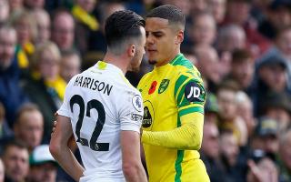 Max Aarons and Jack Harrison have a difference of opinion in Norwich City's 2-1 Premier League defeat to Leeds United