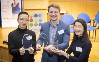 Winners of competition at Norwich Research Park, L-R: Ken Tam, research associate at Ediform, Josh Colmer, CEO Trairseq, and Yan Fen Lee, Co-founder of OPAU. PHOTO: Chris Ball Photography